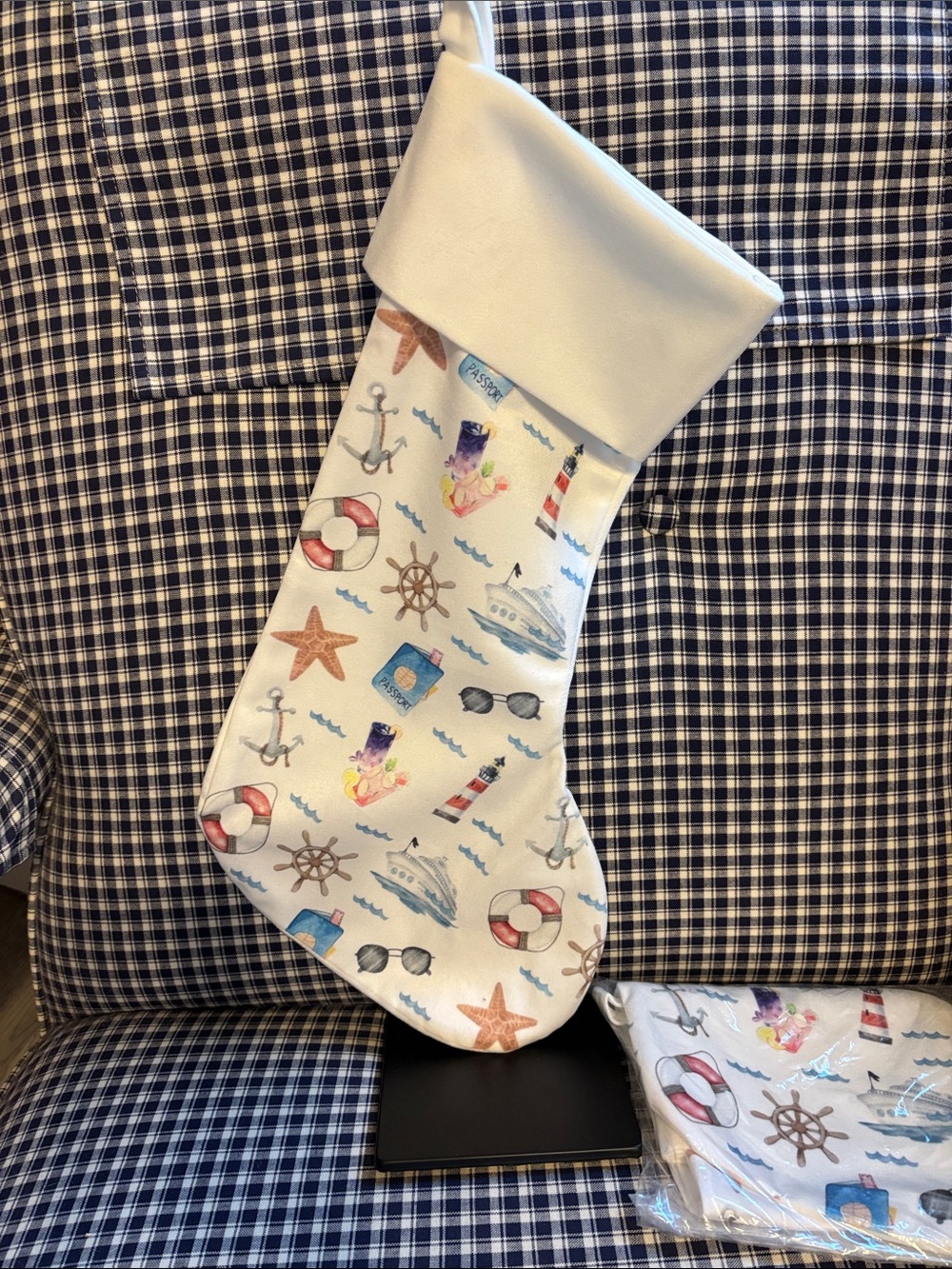 Coastal White Holiday Stocking with Nautical Print - you get two